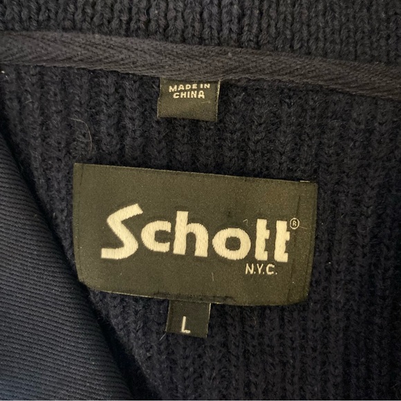 Schott NYC 100% Wool Navy Sweater Quarter Button size Large - Picture 3 of 12